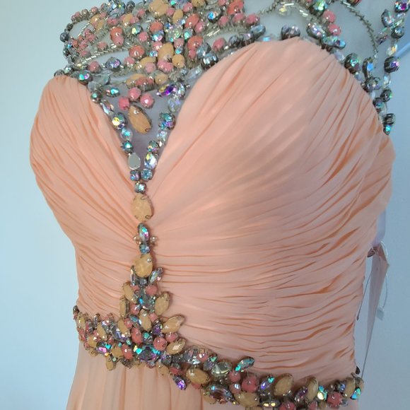 Rachel Allen Chiffon Beaded Illusion Long Prom Evening Dress Style 6934 Apricot - Picture 4 of 15